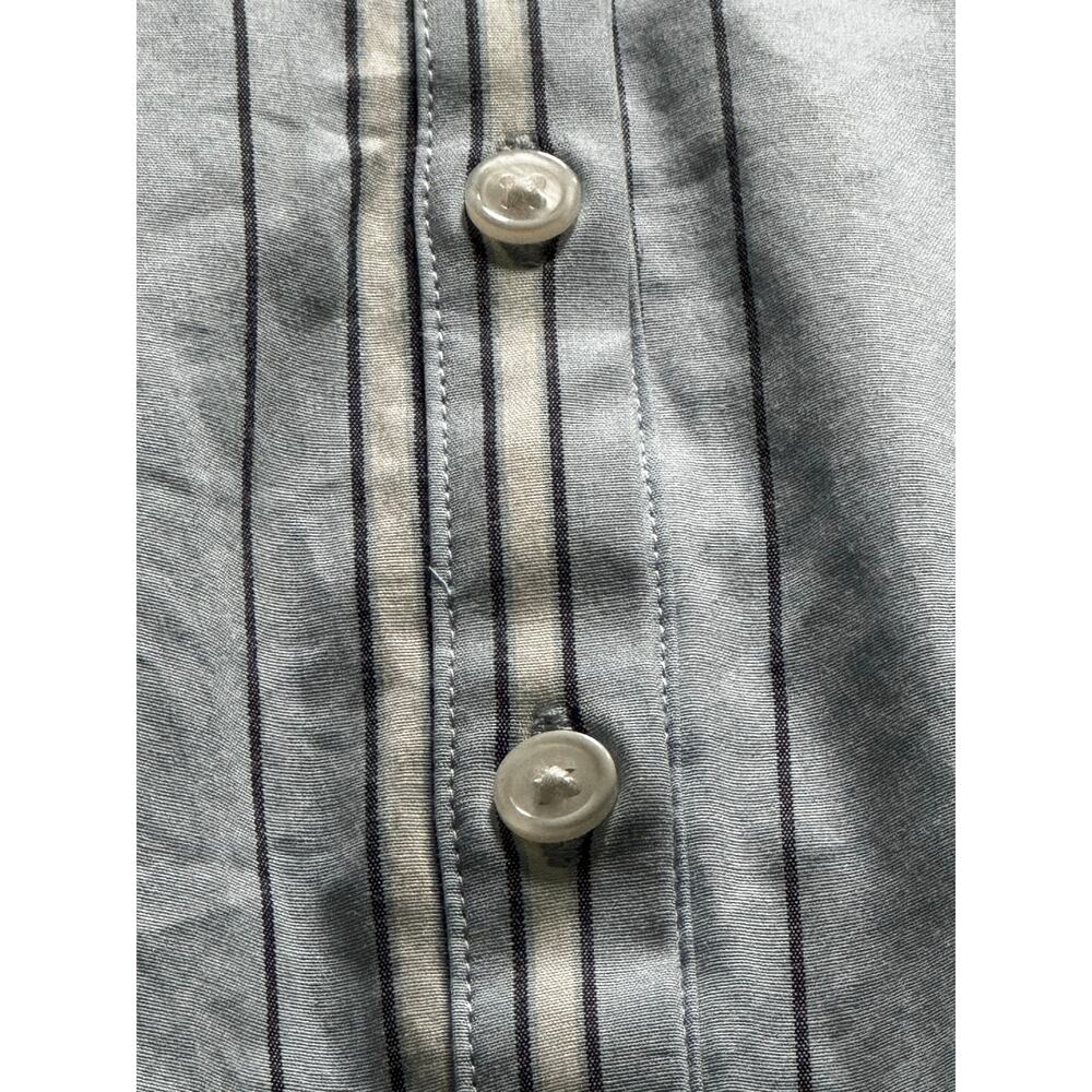 Blue Pinstriped pattern Shirt Dress Side pockets stand up collar V-neck Pleated - Picture 6 of 12